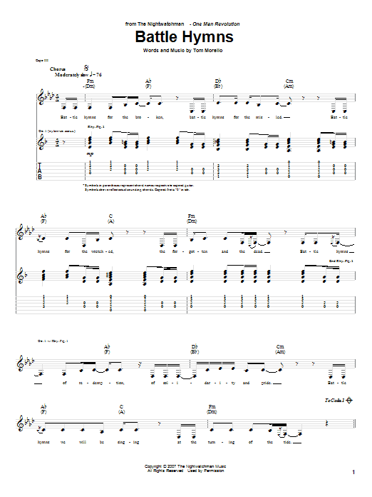 The Nightwatchman Battle Hymns sheet music notes and chords arranged for Guitar Tab