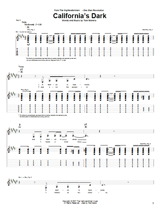 The Nightwatchman California's Dark sheet music notes and chords arranged for Guitar Tab