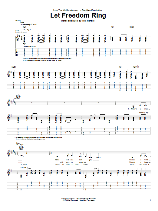 The Nightwatchman Let Freedom Ring sheet music notes and chords arranged for Guitar Tab