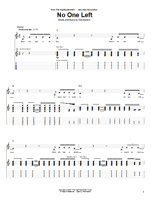 The Nightwatchman No One Left sheet music notes and chords arranged for Guitar Tab