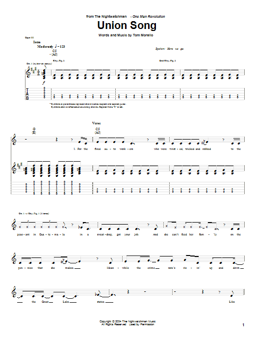 The Nightwatchman Union Song sheet music notes and chords arranged for Guitar Tab