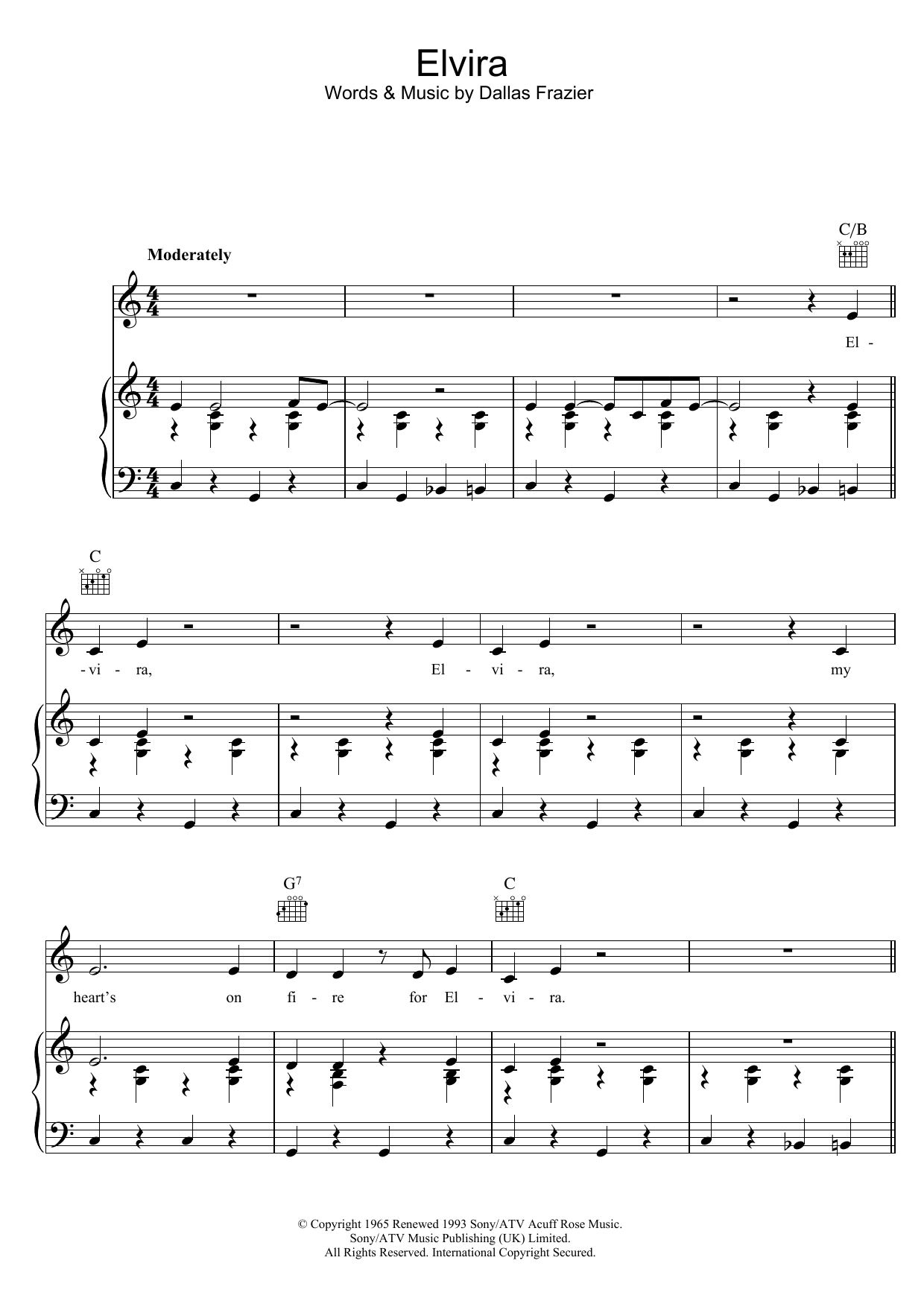 The Oak Ridge Boys Elvira sheet music notes and chords arranged for Piano, Vocal & Guitar Chords