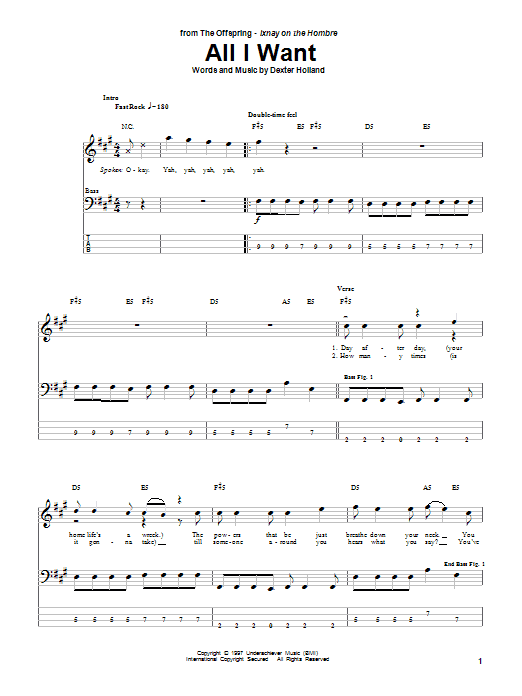The Offspring All I Want sheet music notes and chords arranged for Easy Guitar Tab