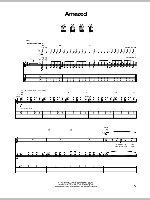 The Offspring Amazed sheet music notes and chords arranged for Guitar Tab