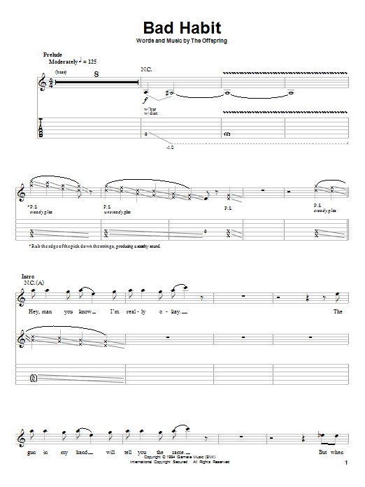 The Offspring Bad Habit sheet music notes and chords arranged for Guitar Tab (Single Guitar)