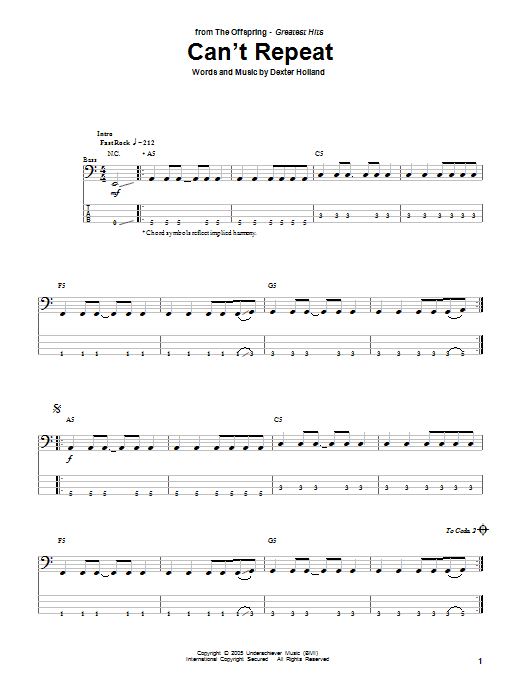 The Offspring Can't Repeat sheet music notes and chords arranged for Bass Guitar Tab