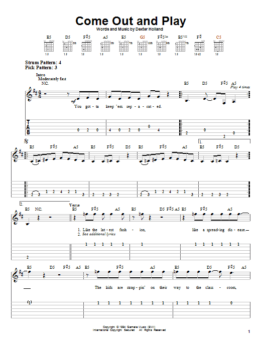 The Offspring Come Out And Play sheet music notes and chords arranged for Easy Guitar Tab