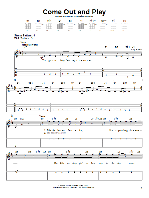 The Offspring Come Out And Play sheet music notes and chords arranged for Guitar Tab (Single Guitar)