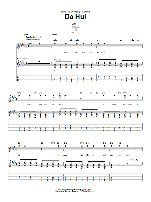 The Offspring Da Hui sheet music notes and chords arranged for Guitar Tab