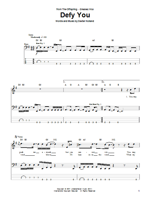 The Offspring Defy You sheet music notes and chords arranged for Bass Guitar Tab