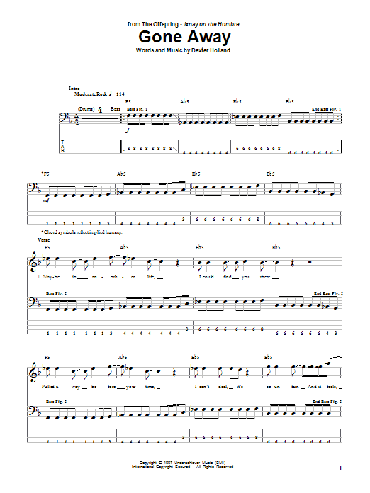 The Offspring Gone Away sheet music notes and chords arranged for Easy Guitar Tab