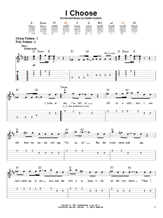 The Offspring I Choose sheet music notes and chords arranged for Easy Guitar Tab