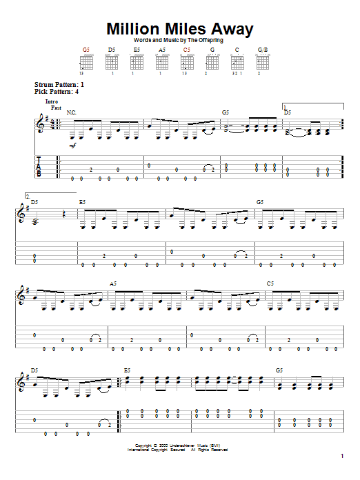 The Offspring Million Miles Away sheet music notes and chords arranged for Guitar Tab (Single Guitar)