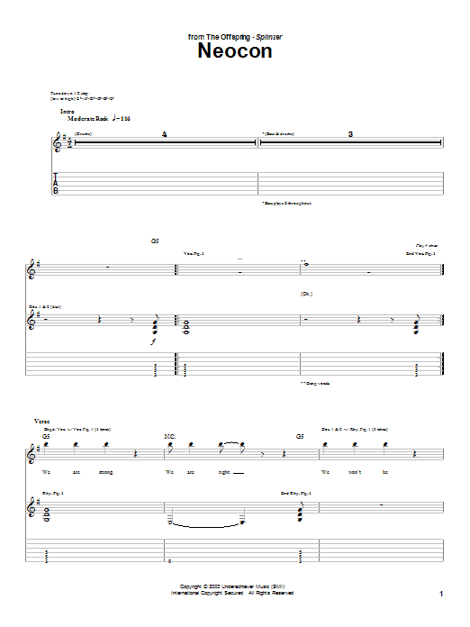 The Offspring Neocon sheet music notes and chords arranged for Guitar Tab