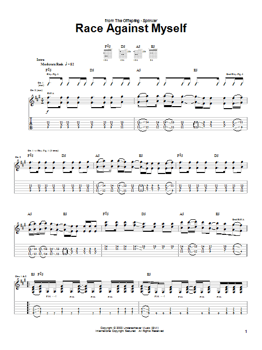 The Offspring Race Against Myself sheet music notes and chords arranged for Guitar Tab