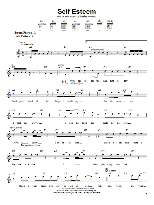 The Offspring Self Esteem sheet music notes and chords arranged for Guitar Chords/Lyrics