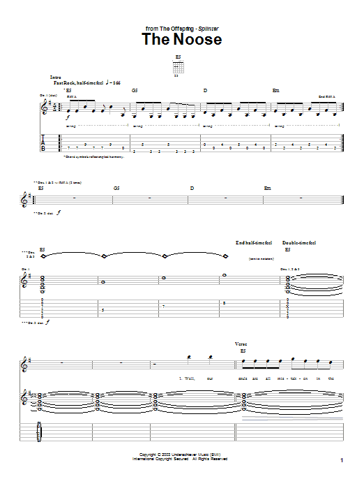 The Offspring The Noose sheet music notes and chords arranged for Guitar Tab
