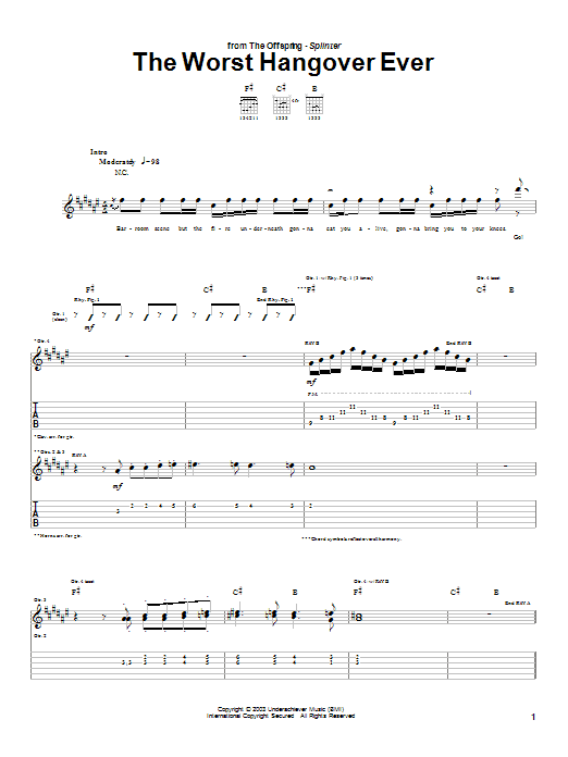 The Offspring The Worst Hangover Ever sheet music notes and chords arranged for Guitar Tab