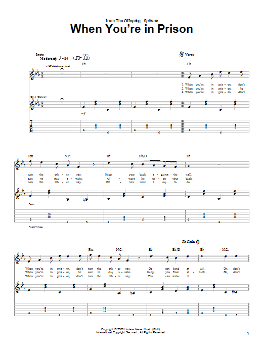 The Offspring When You're In Prison sheet music notes and chords arranged for Guitar Tab