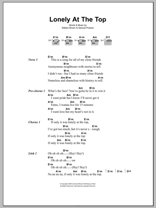The Ordinary Boys Lonely At The Top sheet music notes and chords arranged for Guitar Chords/Lyrics