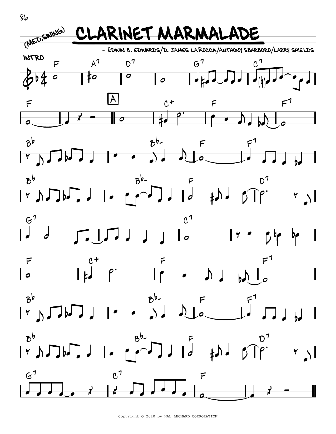 The Original Dixieland Jazz Band Clarinet Marmalade (arr. Robert Rawlins) sheet music notes and chords arranged for Real Book – Melody, Lyrics & Chords