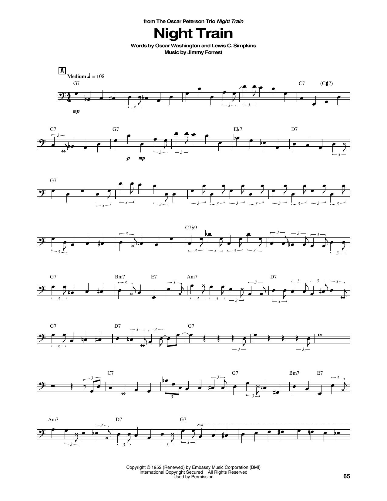 The Oscar Peterson Trio Night Train sheet music notes and chords arranged for String Bass Transcription
