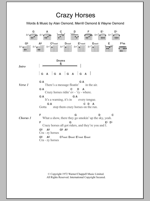 The Osmonds Crazy Horses sheet music notes and chords arranged for Guitar Chords/Lyrics