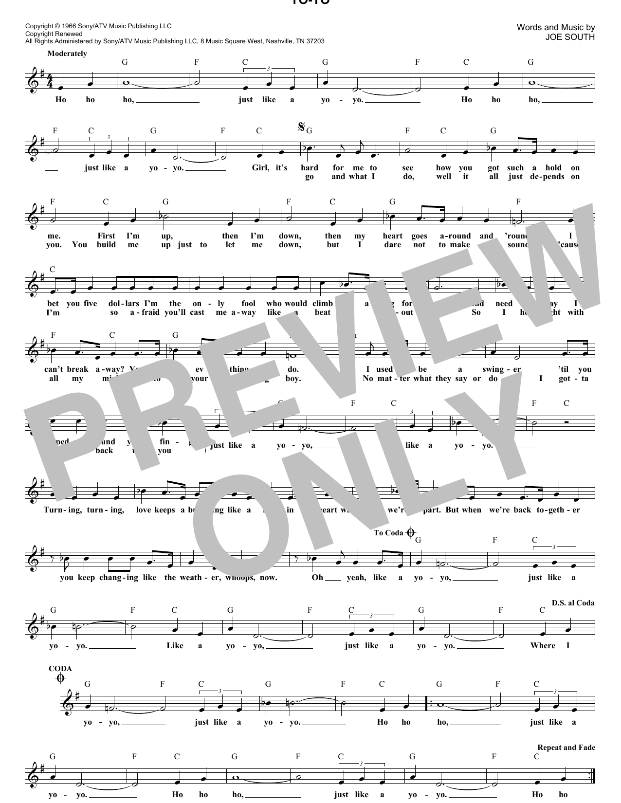 The Osmonds Yo-Yo sheet music notes and chords arranged for Lead Sheet / Fake Book
