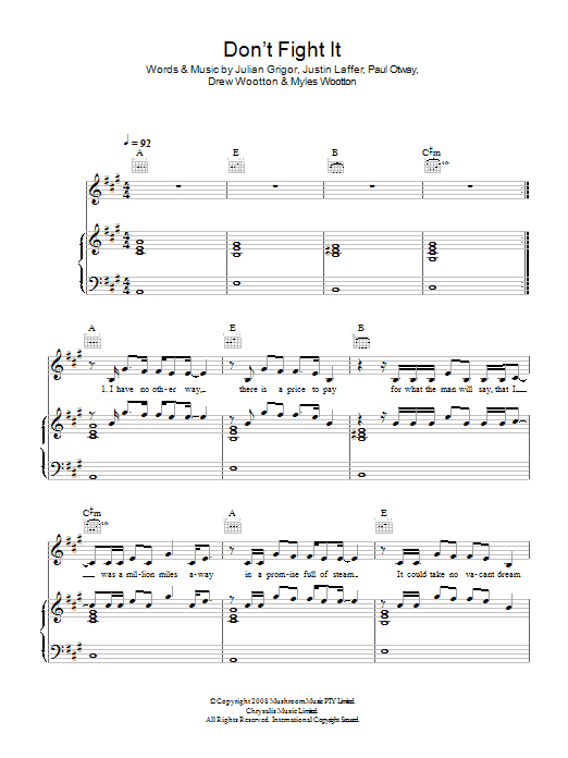 The Panics Don't Fight It sheet music notes and chords arranged for Piano, Vocal & Guitar Chords