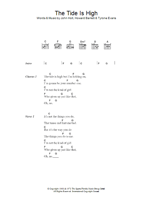 The Paragons The Tide Is High sheet music notes and chords arranged for Guitar Chords/Lyrics