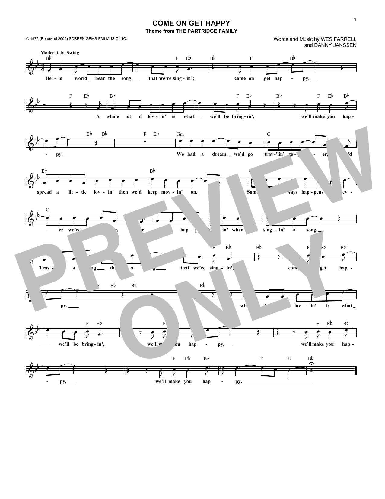 The Partridge Family Come On Get Happy sheet music notes and chords arranged for Piano & Vocal