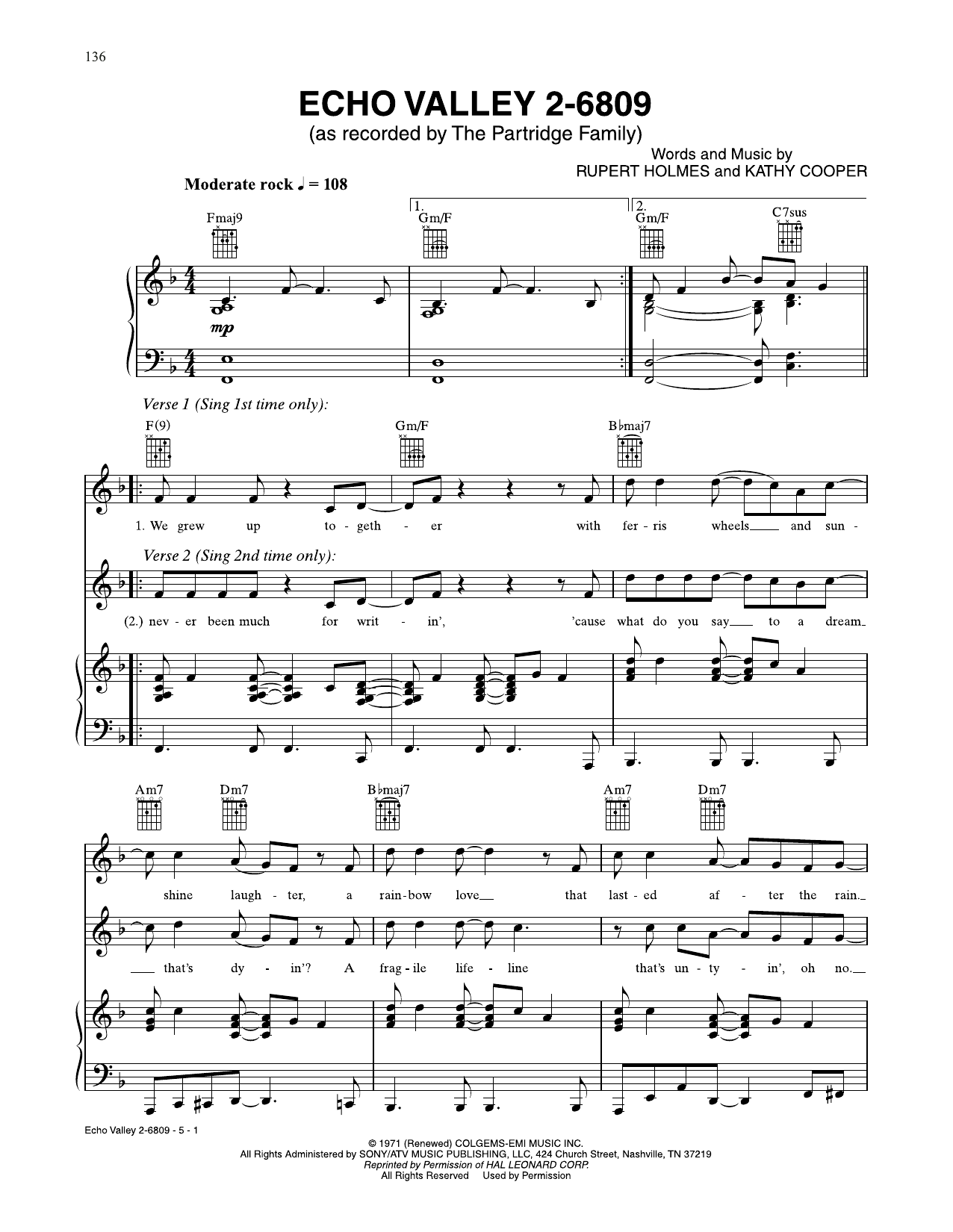 The Partridge Family Echo Valley 2-6809 sheet music notes and chords arranged for Piano, Vocal & Guitar Chords (Right-Hand Melody)