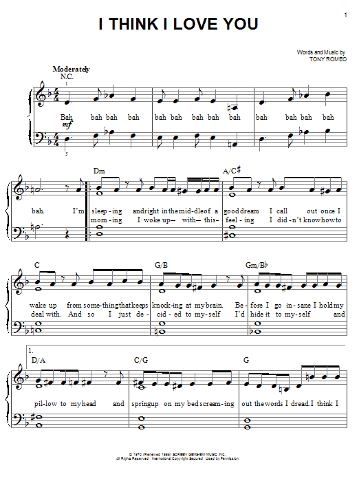 The Partridge Family I Think I Love You sheet music notes and chords arranged for Piano, Vocal & Guitar Chords (Right-Hand Melody)