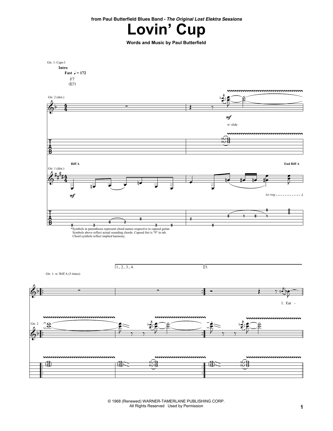 The Paul Butterfield Blues Band Lovin' Cup sheet music notes and chords arranged for Guitar Tab