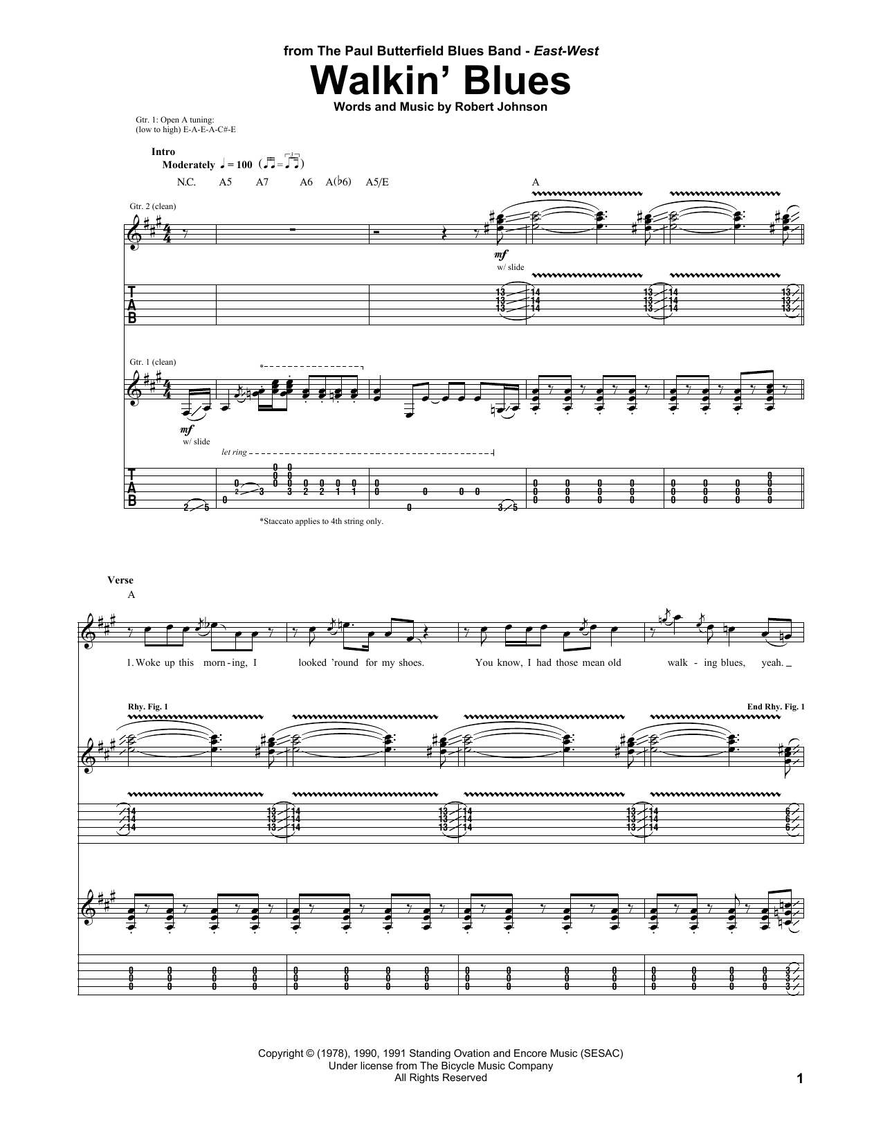 The Paul Butterfield Blues Band Walkin' Blues sheet music notes and chords arranged for Guitar Tab