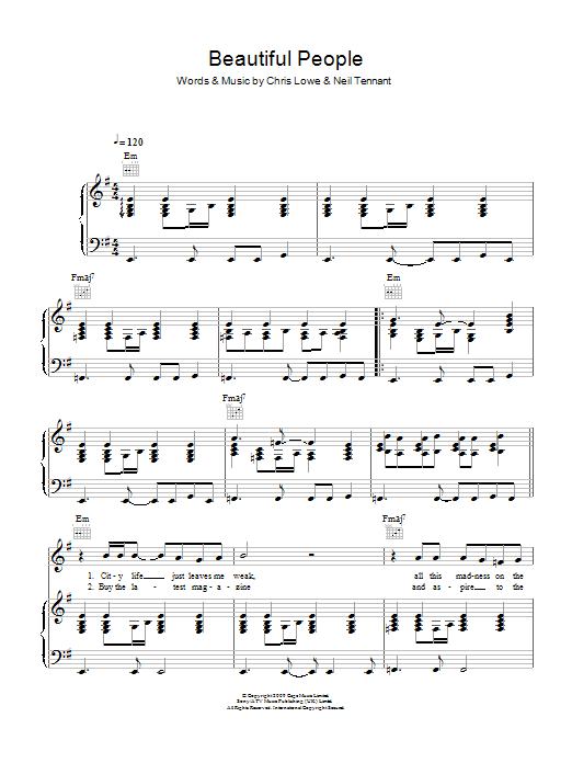 The Pet Shop Boys Beautiful People sheet music notes and chords arranged for Piano, Vocal & Guitar Chords