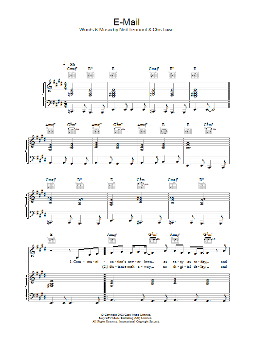 The Pet Shop Boys E-Mail sheet music notes and chords arranged for Piano, Vocal & Guitar Chords
