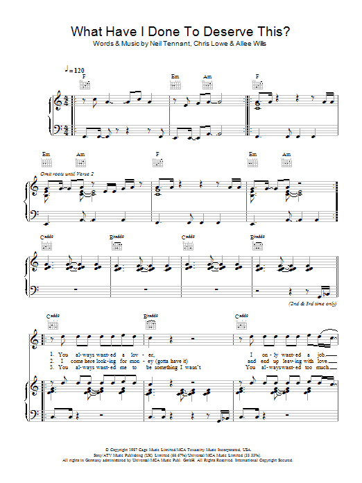 The Pet Shop Boys featuring Dusty Springfield What Have I Done To Deserve This? sheet music notes and chords arranged for Piano, Vocal & Guitar Chords