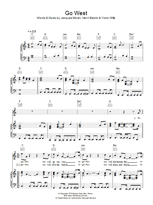 The Pet Shop Boys Go West sheet music notes and chords arranged for Piano, Vocal & Guitar Chords