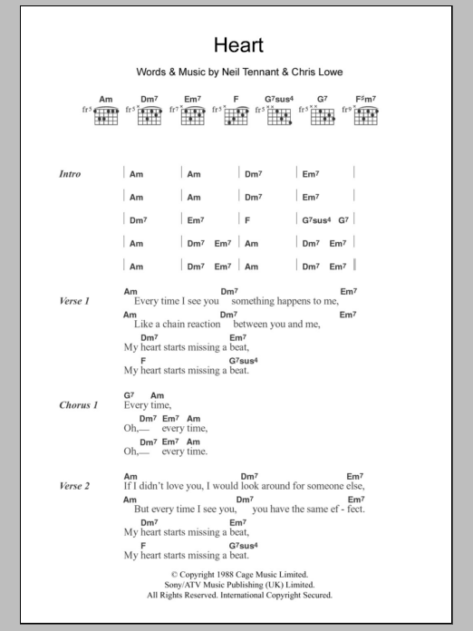 Pet Shop Boys Heart sheet music notes and chords arranged for Guitar Chords/Lyrics