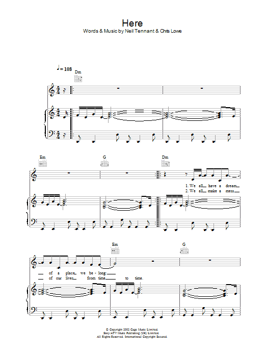 The Pet Shop Boys Here sheet music notes and chords arranged for Piano, Vocal & Guitar Chords