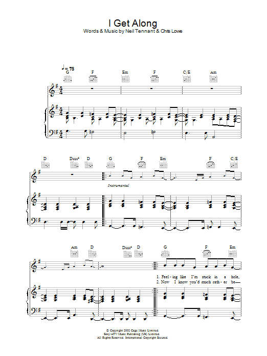 The Pet Shop Boys I Get Along sheet music notes and chords arranged for Piano, Vocal & Guitar Chords