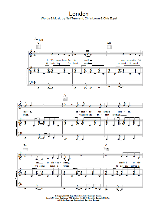 The Pet Shop Boys London sheet music notes and chords arranged for Piano, Vocal & Guitar Chords