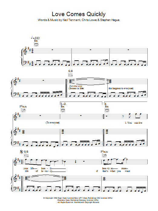 The Pet Shop Boys Love Comes Quickly sheet music notes and chords arranged for Piano, Vocal & Guitar Chords