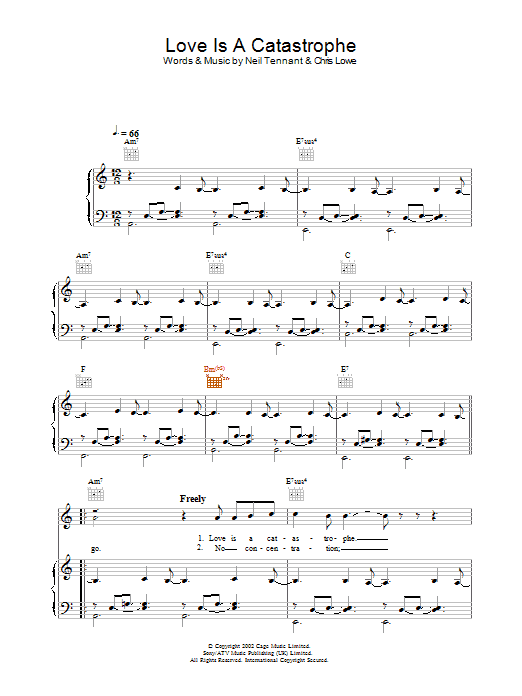 The Pet Shop Boys Love Is A Catastrophe sheet music notes and chords arranged for Piano, Vocal & Guitar Chords