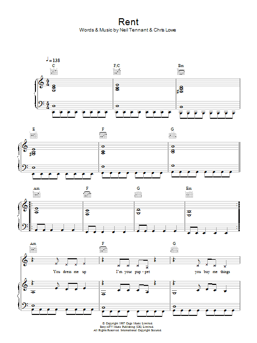 The Pet Shop Boys Rent sheet music notes and chords arranged for Piano, Vocal & Guitar Chords
