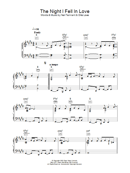 The Pet Shop Boys The Night I Fell In Love sheet music notes and chords arranged for Piano, Vocal & Guitar Chords