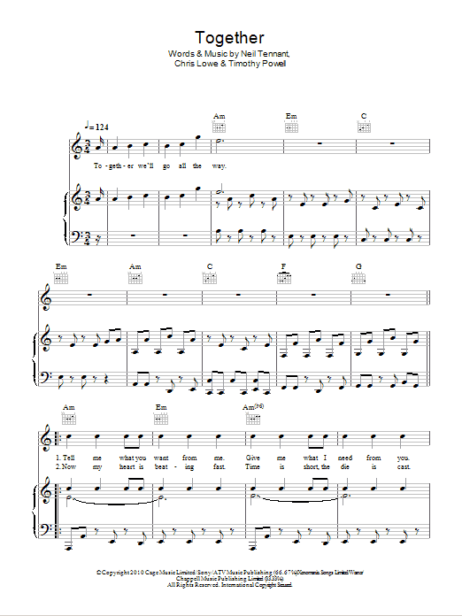 The Pet Shop Boys Together sheet music notes and chords arranged for Piano, Vocal & Guitar Chords