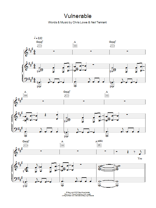 The Pet Shop Boys Vulnerable sheet music notes and chords arranged for Piano, Vocal & Guitar Chords