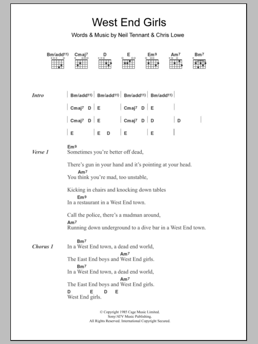 Pet Shop Boys West End Girls sheet music notes and chords arranged for Guitar Chords/Lyrics